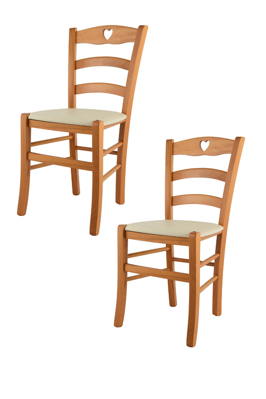 Tommychairs - Set 2 sillas de Cocina y Comedor Cuore, Estructura en Madera de Haya Color Miel y Asiento tapizado en Polipiel Color Marfil