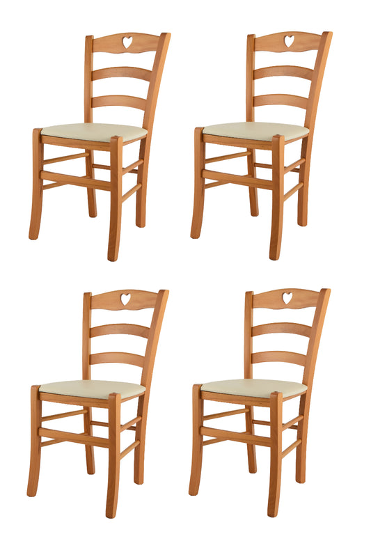 Tommychairs - Set 4 sillas de Cocina y Comedor Cuore, Estructura en Madera de Haya Color Miel y Asiento tapizado en Polipiel Color Marfil