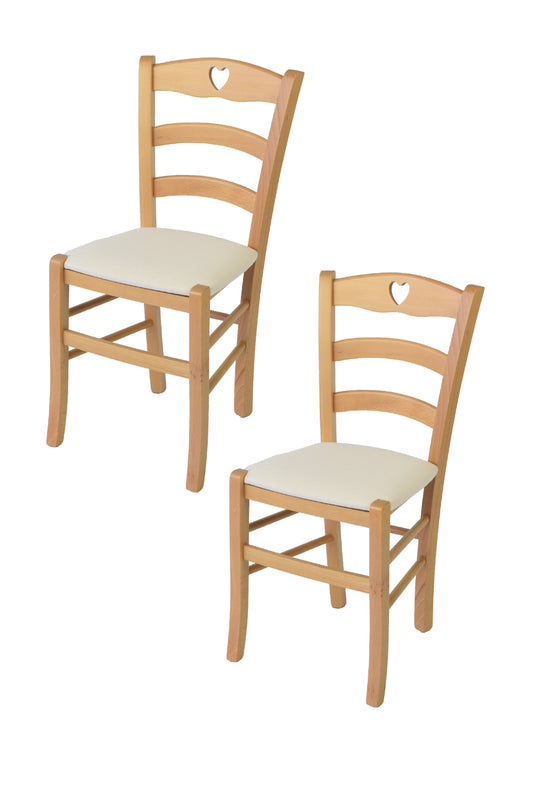 Tommychairs - Set 2 sillas de Cocina y Comedor Cuore, Estructura en Madera de Haya Color Natural y Asiento tapizado en Tejido Color Marfil