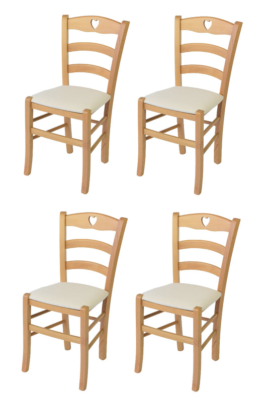 Tommychairs - Set 4 sillas de Cocina y Comedor Cuore, Estructura en Madera de Haya Color Natural y Asiento tapizado en Tejido Color Marfil