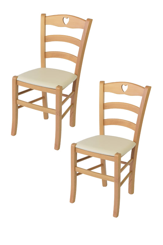Tommychairs - Set 2 sillas de Cocina y Comedor Cuore, Estructura en Madera de Haya Color Natural y Asiento tapizado en Polipiel Color Marfil