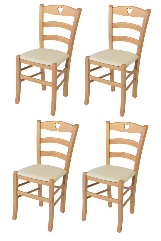 Tommychairs - Set 4 sillas de Cocina y Comedor Cuore, Estructura en Madera de Haya Color Natural y Asiento tapizado en Polipiel Color Marfil