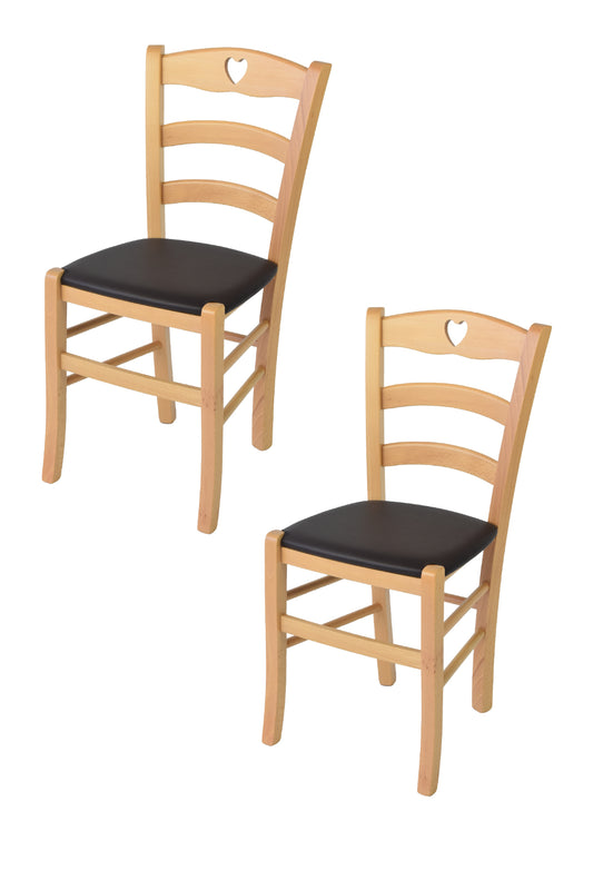 Tommychairs - Set 2 sillas de Cocina y Comedor Cuore, Estructura en Madera de Haya Color Natural y Asiento tapizado en Polipiel Color Moka
