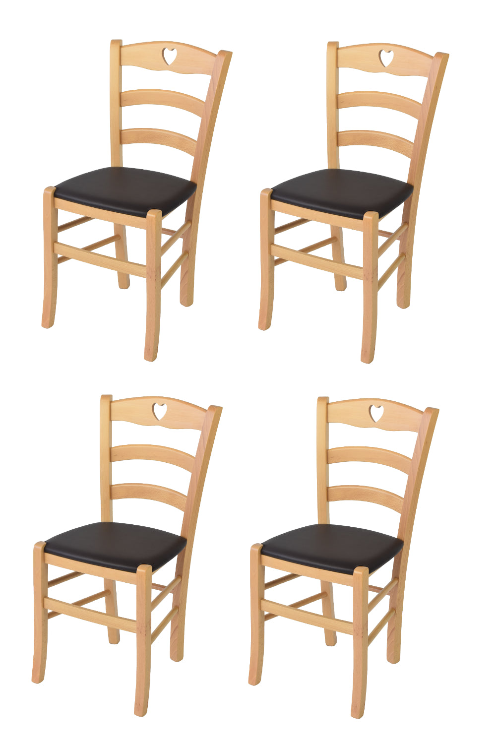 Tommychairs - Set 4 sillas de Cocina y Comedor Cuore, Estructura en Madera de Haya Color Natural y Asiento tapizado en Polipiel Color Moka