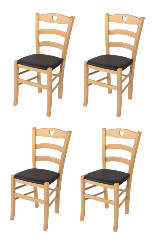 Tommychairs - Set 4 sillas de Cocina y Comedor Cuore, Estructura en Madera de Haya Color Natural y Asiento tapizado en Polipiel Color Moka