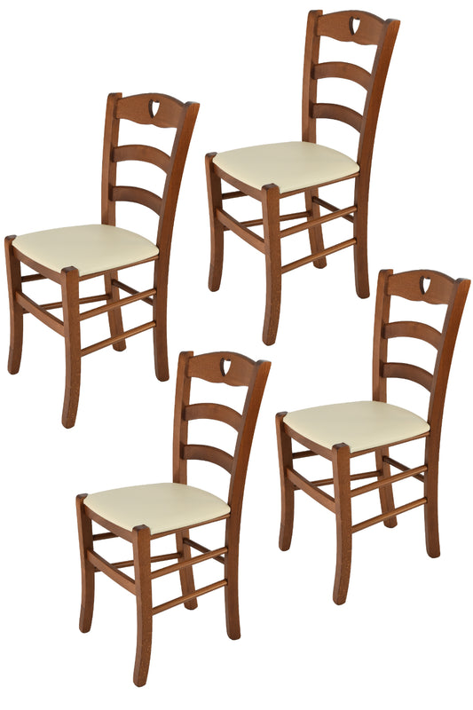 Tommychairs - Set 4 sillas de Cocina y Comedor Cuore, Estructura en Madera de Haya Color Nuez Claro y Asiento tapizado en Polipiel Color Marfil