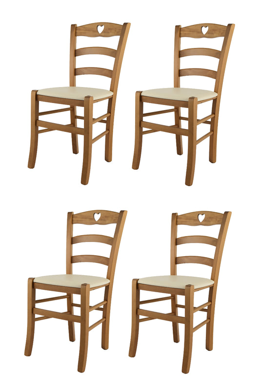 Tommychairs - Set 4 sillas de Cocina y Comedor Cuore, Estructura en Madera de Haya Color Roble y Asiento tapizado en Polipiel Color Marfil