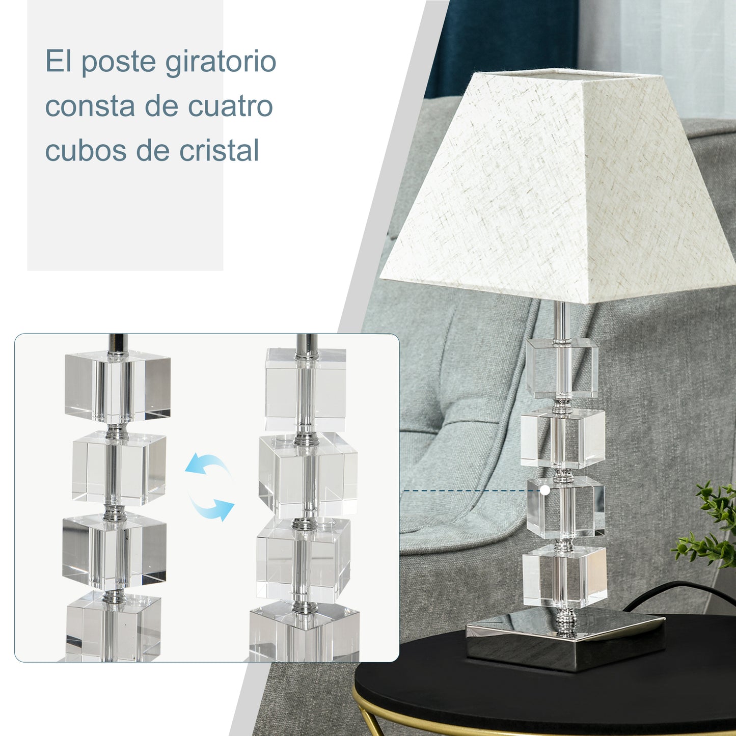 HOMCOM Lámpara de Mesita de Noche Lámpara de Mesa con Casquillo E14 Máx. 40W Cristal Giratorio y Base de Metal para Salón Oficina Dormitorio 20x20x47 cm Crema