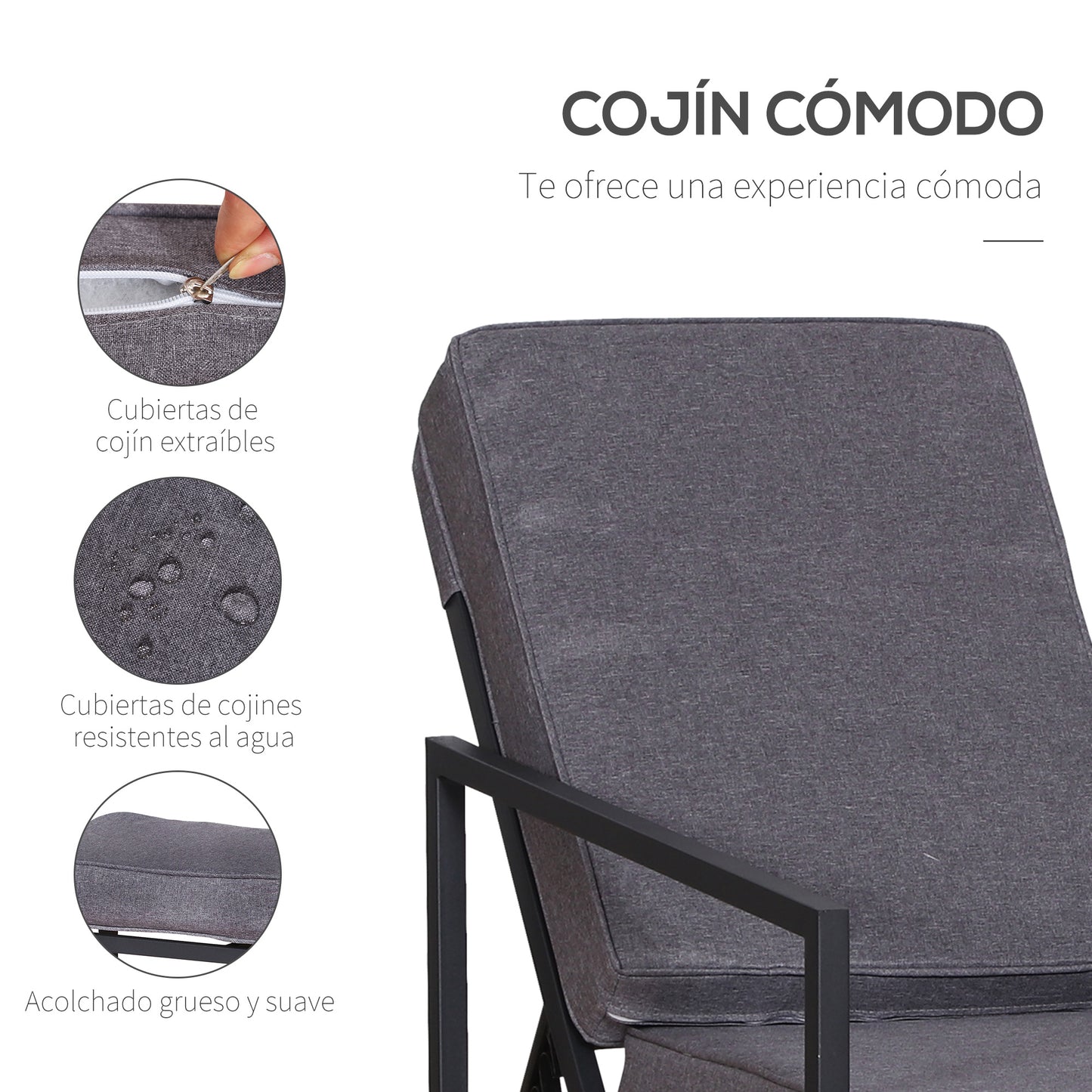 Outsunny Conjunto Mueble Exterior Apto Jardín Incluye 2 Sillas 2 Taburetes 1 Mesa para Café con Cojín Suave 5 Niveles en Respaldo Reclinable Gris y Negro