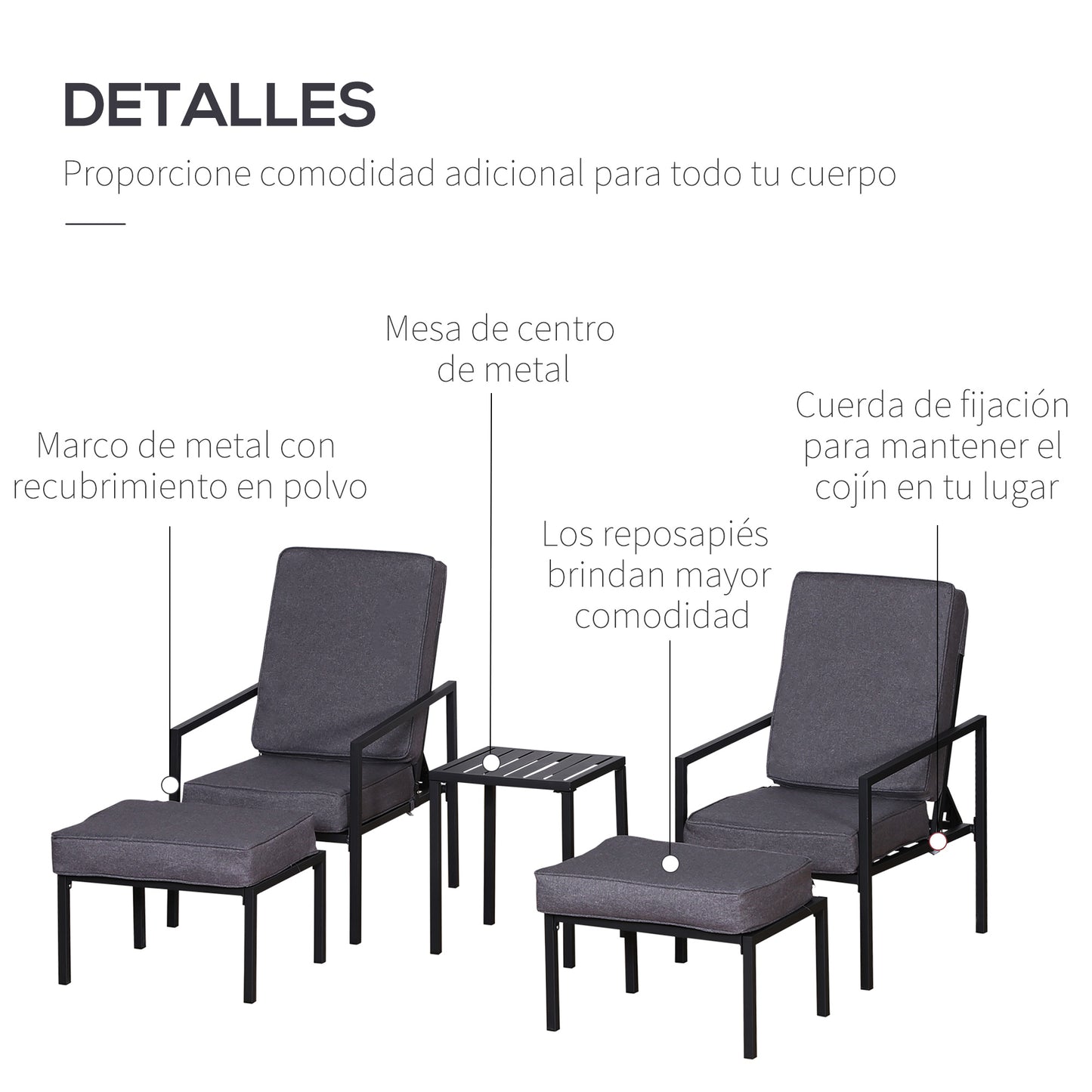 Outsunny Conjunto Mueble Exterior Apto Jardín Incluye 2 Sillas 2 Taburetes 1 Mesa para Café con Cojín Suave 5 Niveles en Respaldo Reclinable Gris y Negro