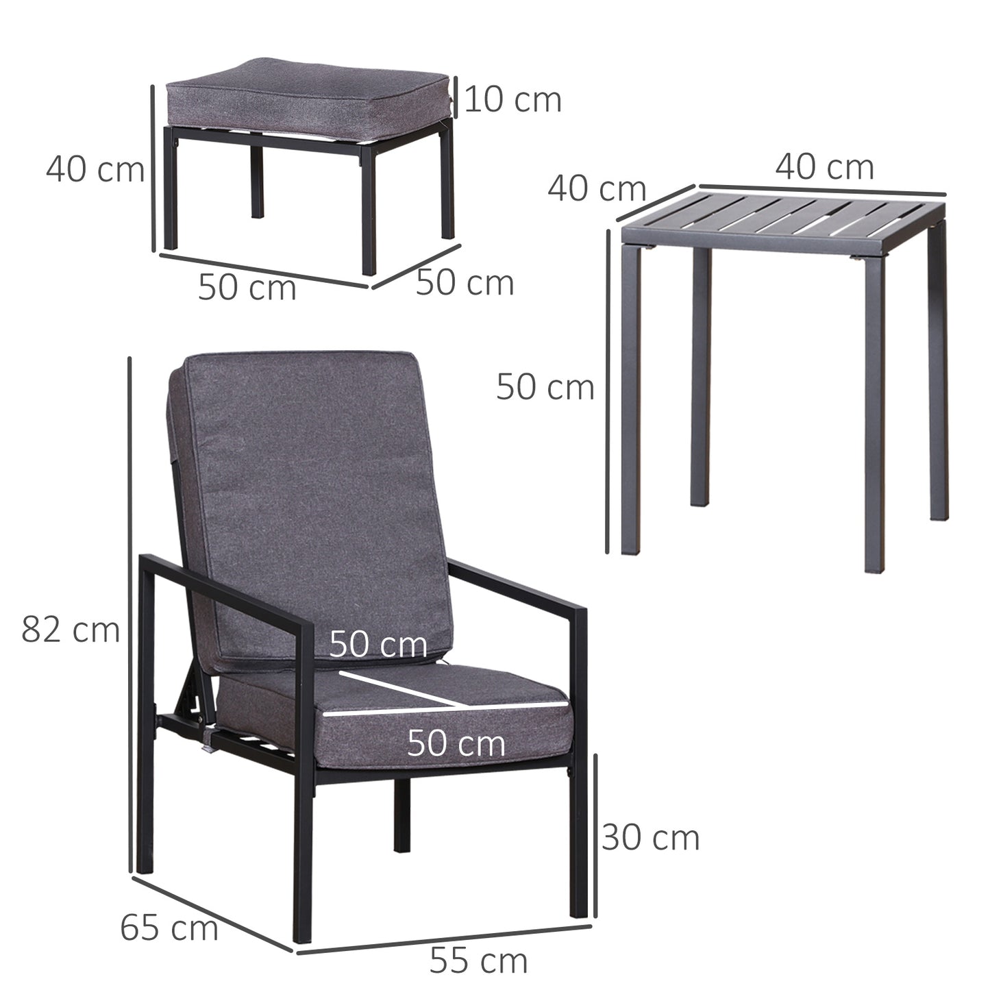 Outsunny Conjunto Mueble Exterior Apto Jardín Incluye 2 Sillas 2 Taburetes 1 Mesa para Café con Cojín Suave 5 Niveles en Respaldo Reclinable Gris y Negro