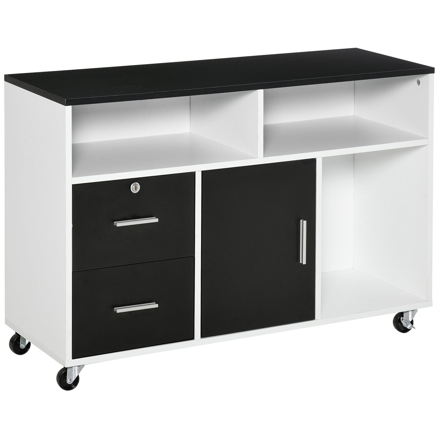 HOMCOM Mueble Auxiliar de Oficina Mueble Archivador con Ruedas Estantes y Cajones Armario Multiusos con Gran Almacenaje 100x35x65 cm Negro y Blanco