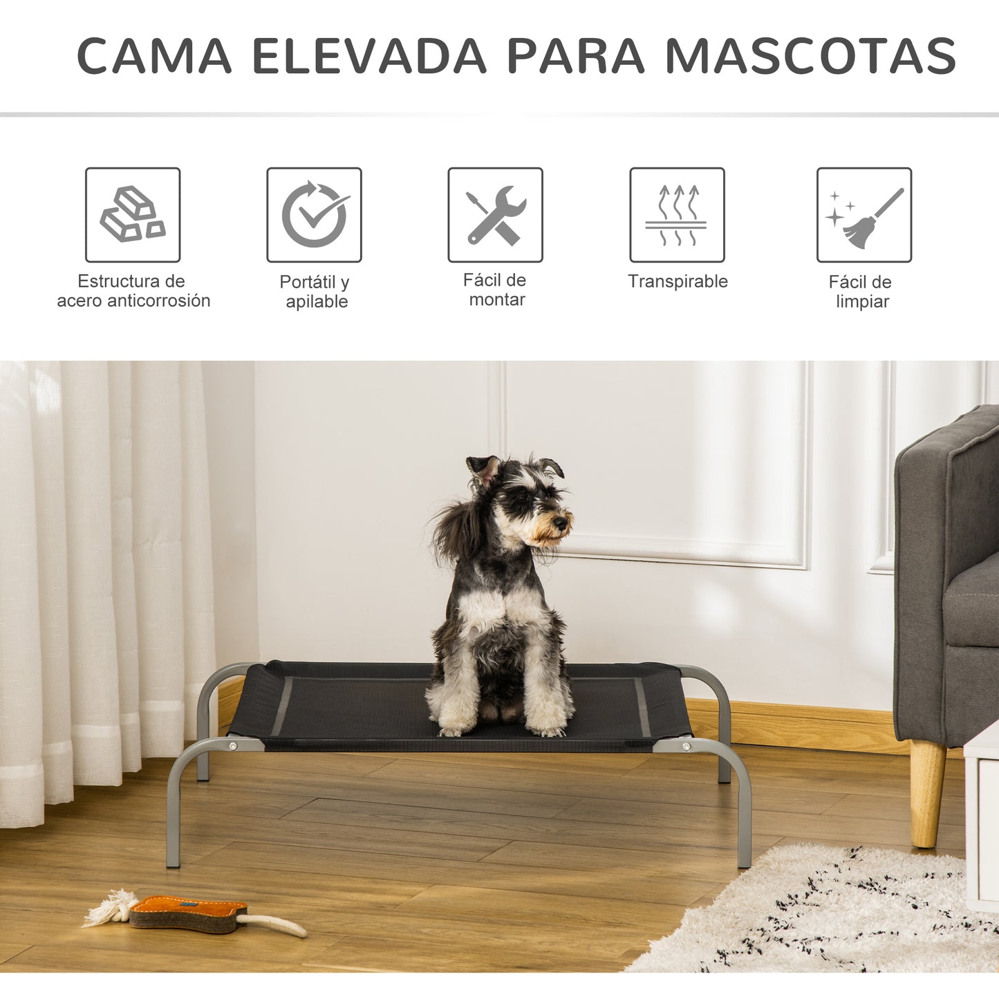 PawHut Cama Elevada para Perros Gatos Transpirable Cama Mascotas 90x65x20 cm para Dormir Relajar con Marco de Acero para Interiores Exterior Negro