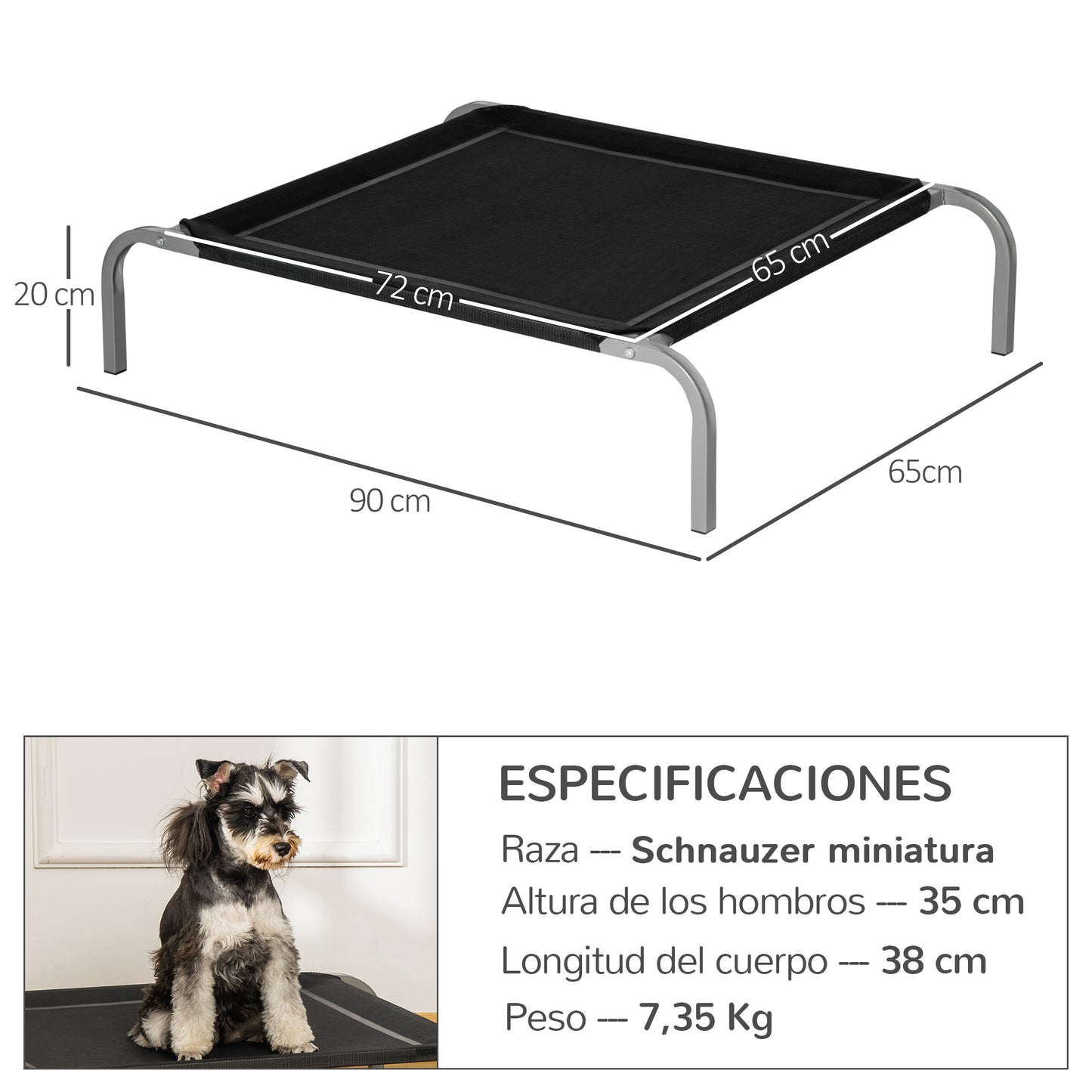 PawHut Cama Elevada para Perros Gatos Transpirable Cama Mascotas 90x65x20 cm para Dormir Relajar con Marco de Acero para Interiores Exterior Negro