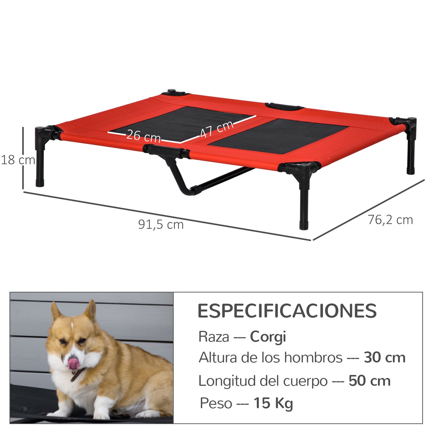 PawHut Cama Elevada para Perros Gatos Portátil Cama para Mascotas con Zona de Malla Transpirable y Tela Oxford para Interior Exterior 91,5x76,2x18 cm Rojo