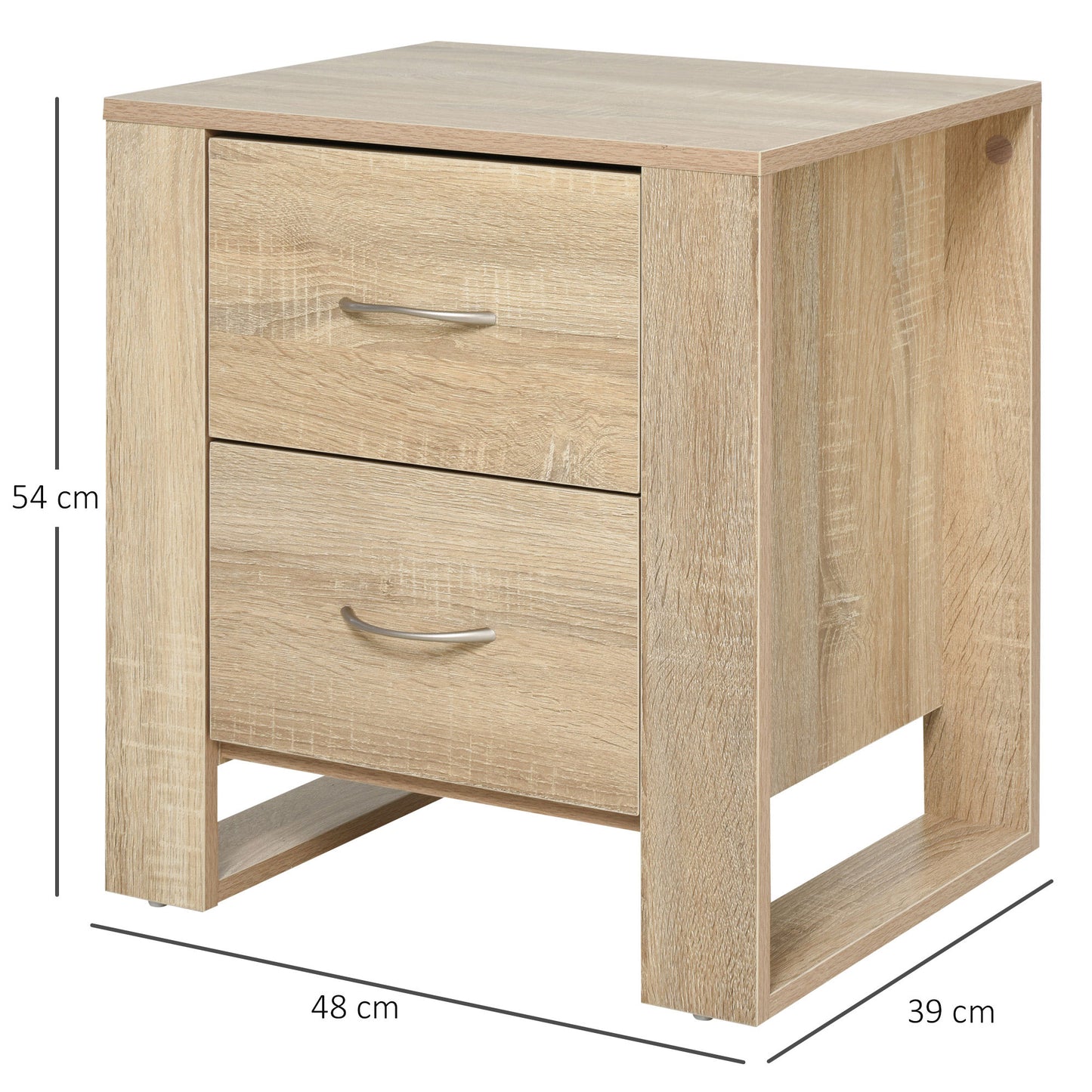 HOMCOM Mesita de Noche con 2 Cajones Patas y Base Elevada para Dormitorio Mesa Lateral para Sala de Estar Estilo Moderno 48x39x54 cm Roble