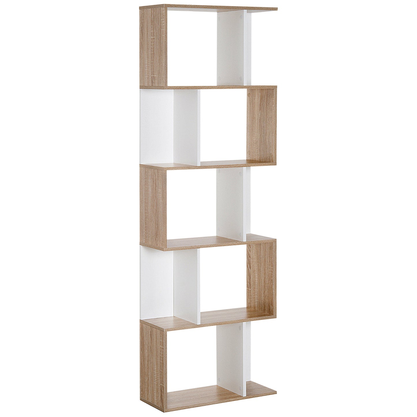 HOMCOM Estantería Librería de 5 Niveles Estantería de Madera Estantería para Libros en Forma de S Diseño Moderno para Salón Oficina 60x24x184,5 cm Blanco y Madera