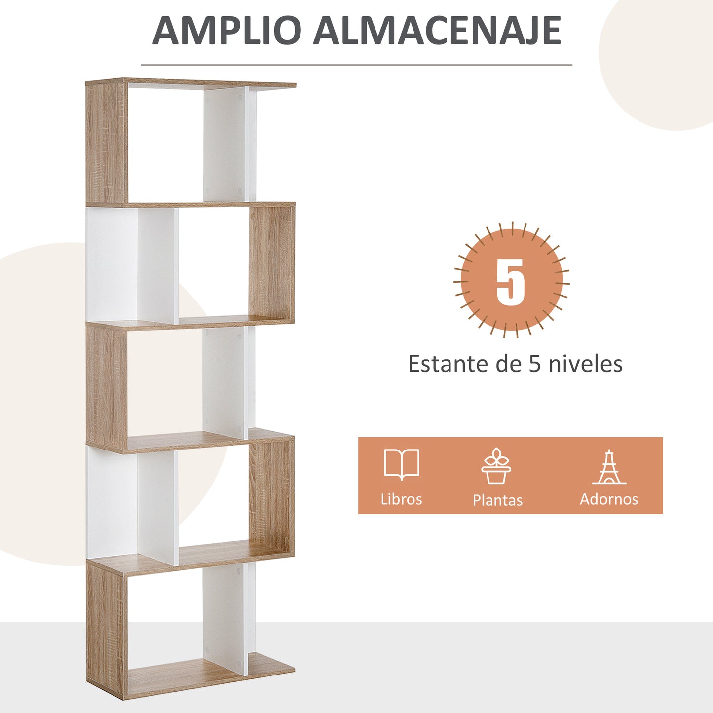 HOMCOM Estantería Librería de 5 Niveles Estantería de Madera Estantería para Libros en Forma de S Diseño Moderno para Salón Oficina 60x24x184,5 cm Blanco y Madera