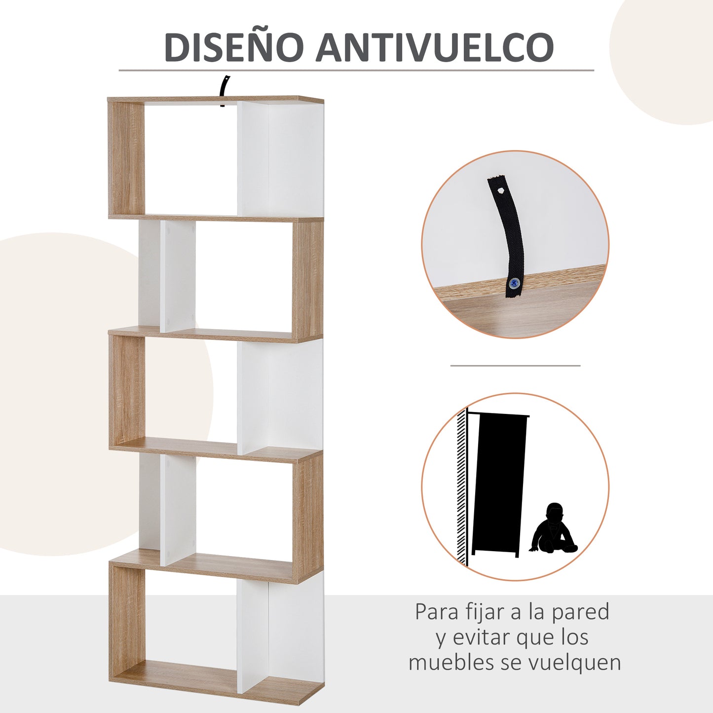 HOMCOM Estantería Librería de 5 Niveles Estantería de Madera Estantería para Libros en Forma de S Diseño Moderno para Salón Oficina 60x24x184,5 cm Blanco y Madera