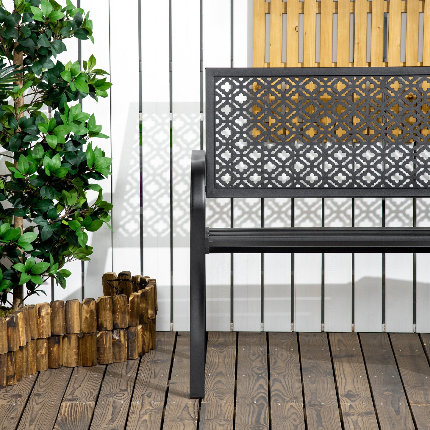 Outsunny Banco de Jardín de Acero Banco Exterior de 2 Plazas con Respaldo Decorativo Estampado para Terraza Balcón Patio Carga 240 kg 127x63x83 cm Negro