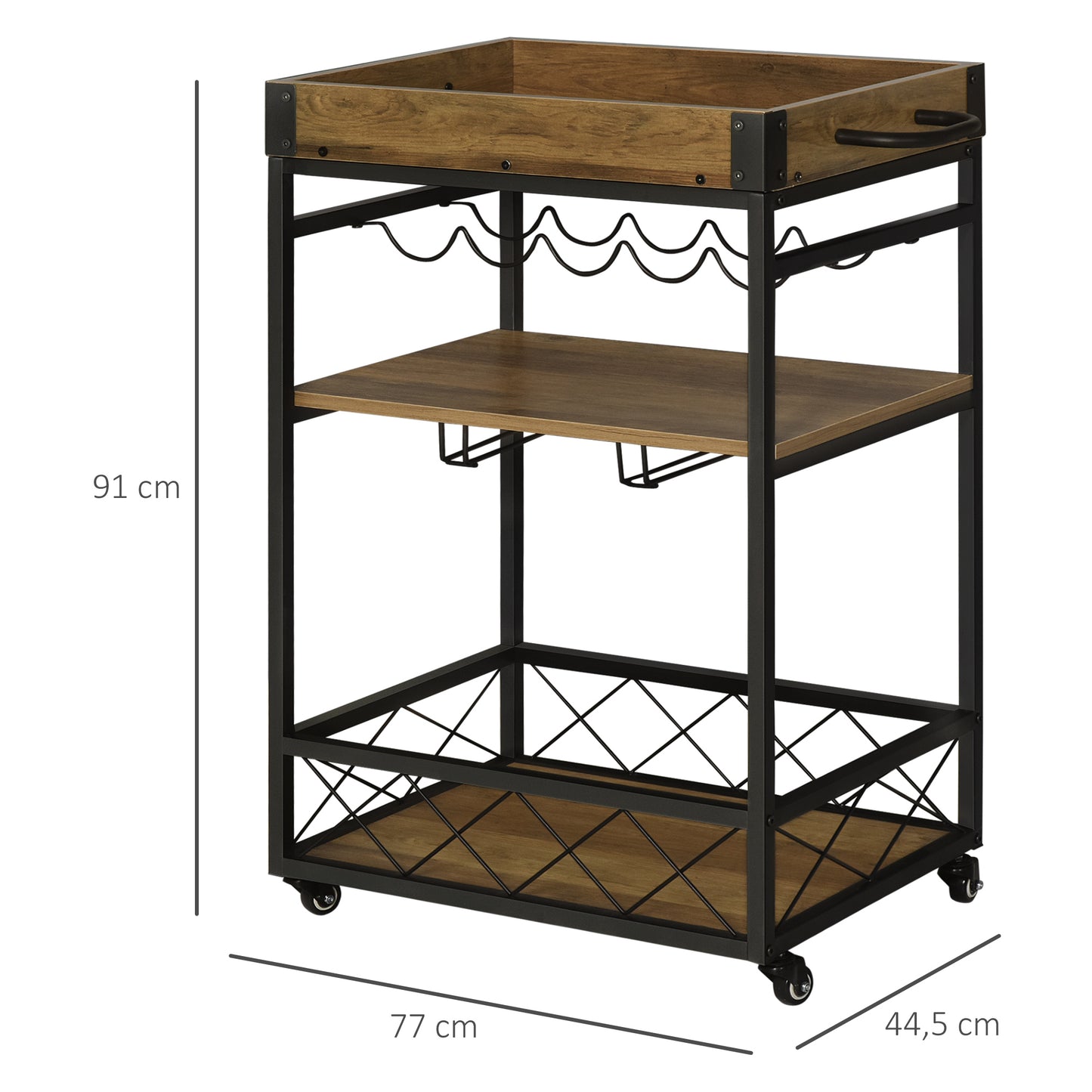 HOMCOM Carro de Cocina Carrito de Servicio Móvil Multiusos con 3 Estantes Bandeja Botellero Soporte Copas y barra para Comedor 77x44,5x91 cm Madera Rústica