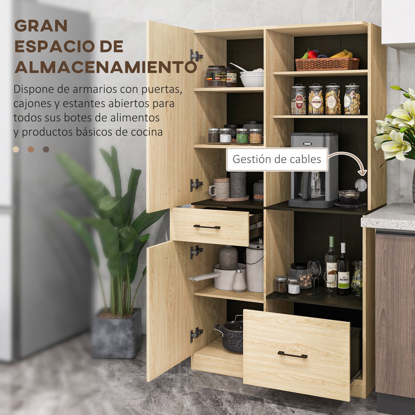 HOMCOM Alacena de Cocina Moderno Armario de Cocina con 2 Cajones 2 Armarios y 4 Estantes Abiertos Mueble Buffet de Cocina para Comedor Salón 90x40x170 cm Roble y Negro