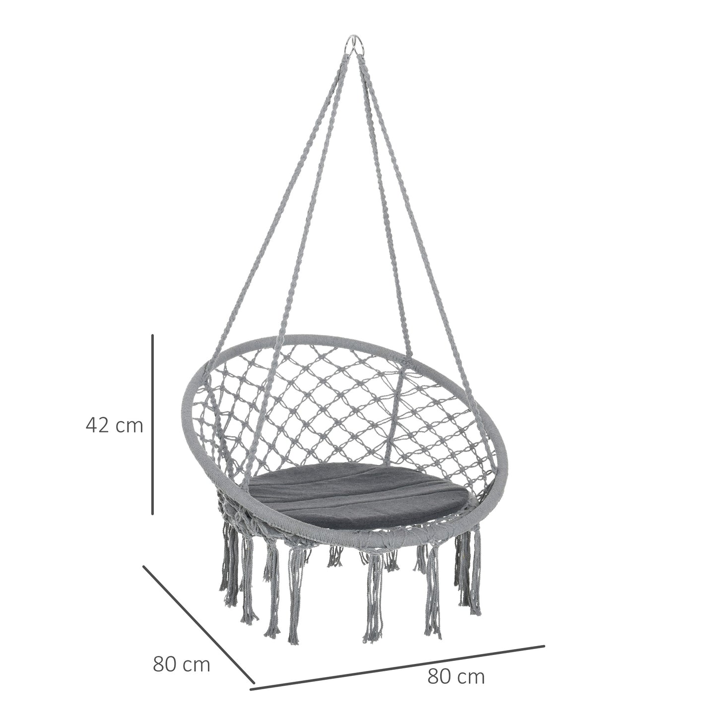 Outsunny Silla Colgante Redondo de Ø60 cm Silla Hamaca Columpio con Cojín y Cuerda de Algodón para Interior y Exterior 80x80x42 cm Gris