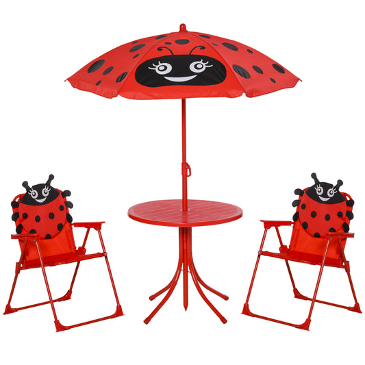 Outsunny Set de Mesa y Sillas Infantil de Jardín Conjunto de Picnic Plegable para Niños Juego de Mesa con Sombrilla Ajustable en Altura de 100-125 cm Diseño de Mariquita Rojo