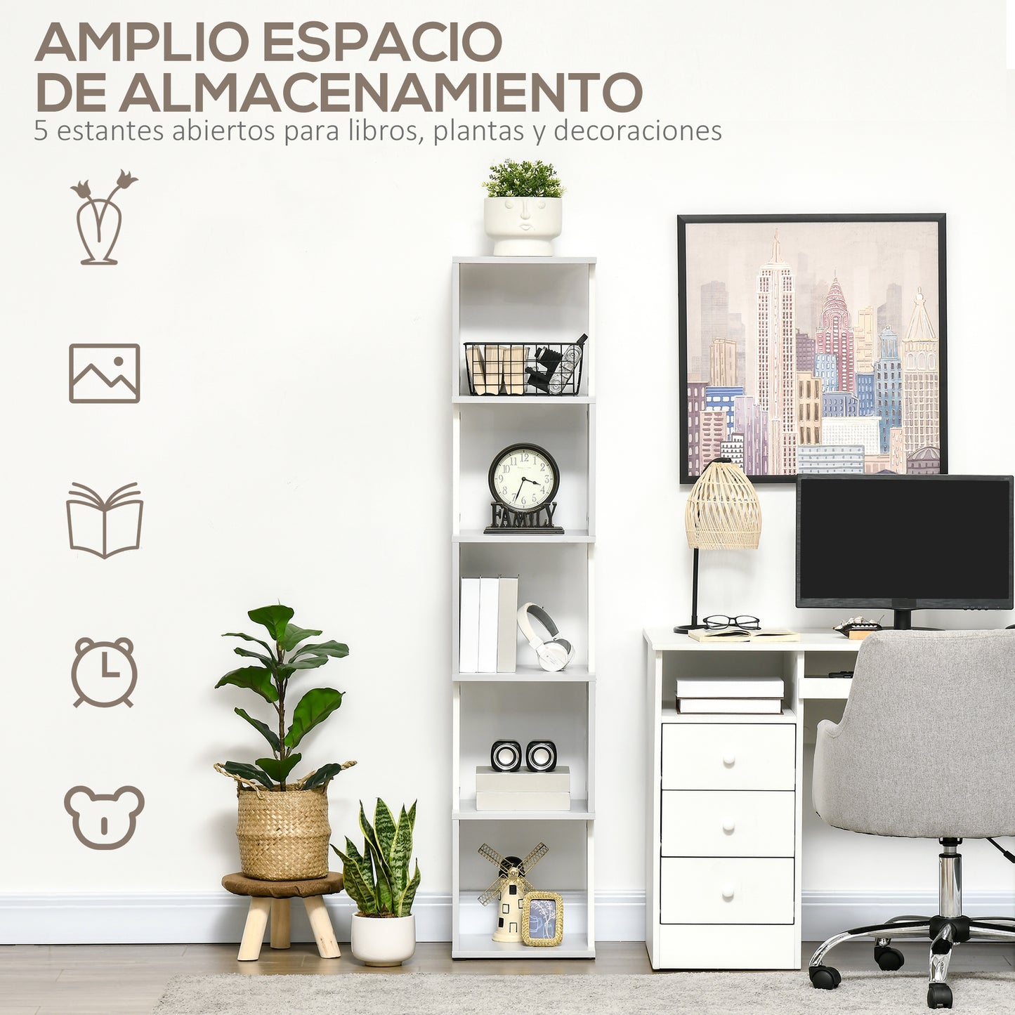 HOMCOM Estantería Librería en Forma S Estantería para Libros con 5 Estantes Abiertos para Salón Oficina Estudio Antivuelco Carga 100 kg 33x28x161 cm Blanco y Gris Claro