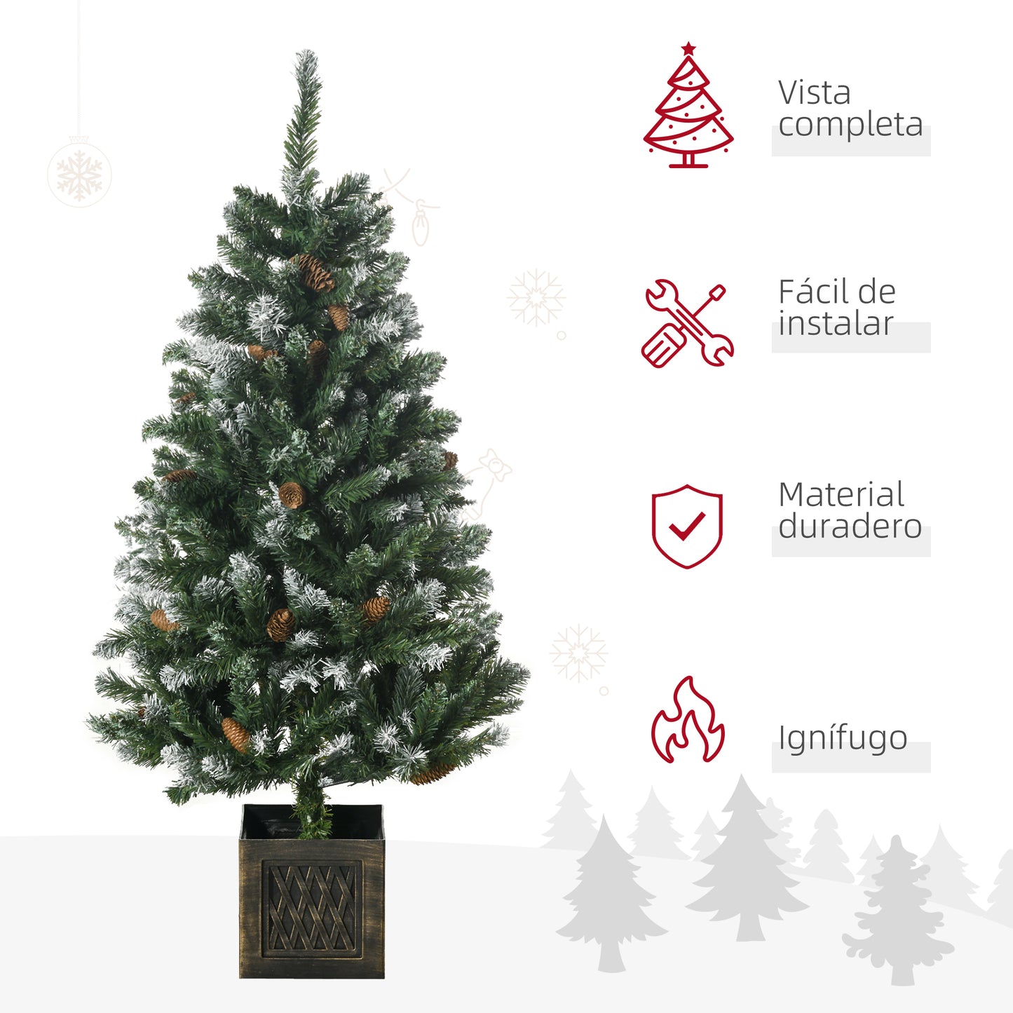 HOMCOM Árbol de Navidad Artificial con Maceta 120 cm Árbol de Navidad Nevado con 328 Ramas 20 Piñas y Soporte Metálico Decoración Navideña para Interiores Verde