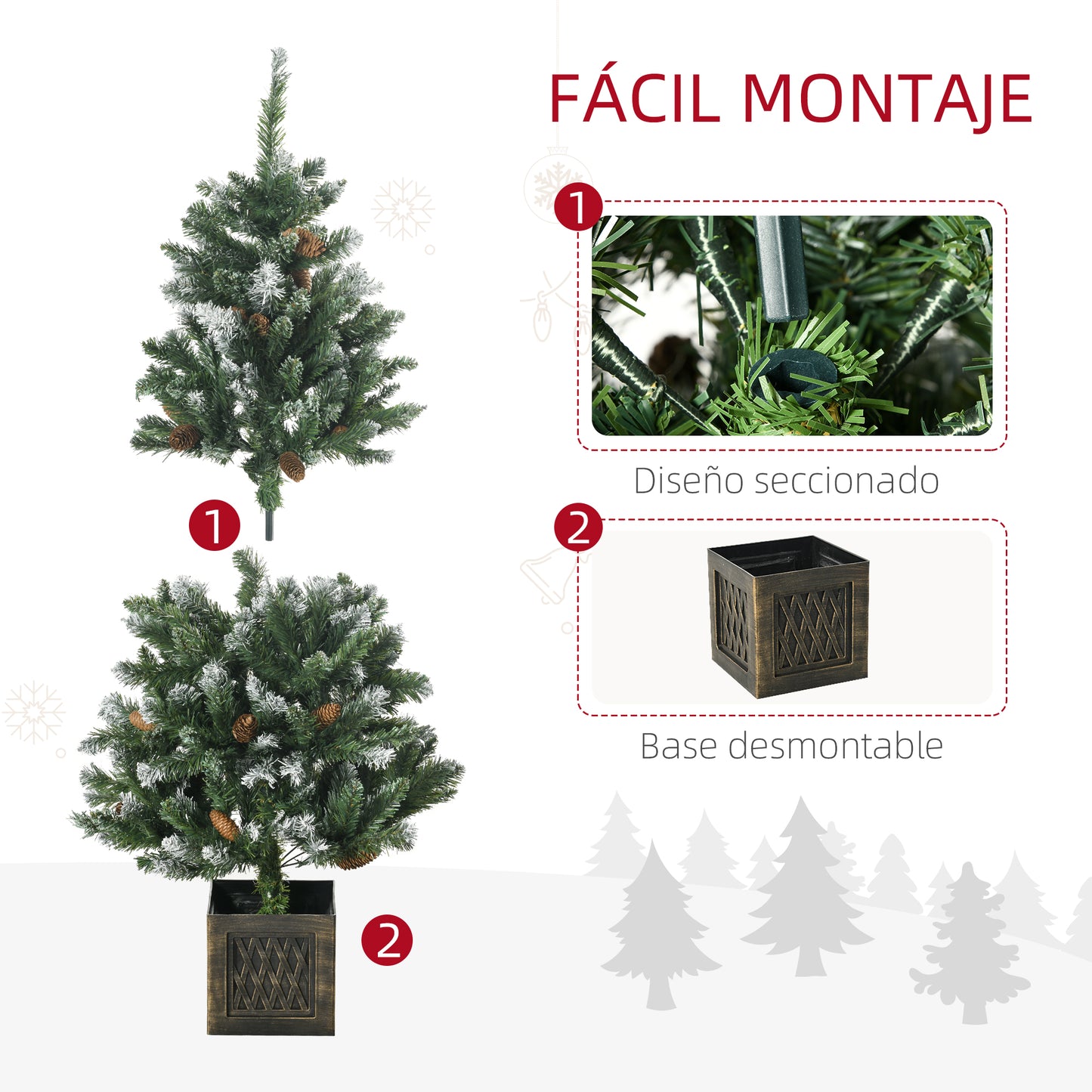 HOMCOM Árbol de Navidad Artificial con Maceta 120 cm Árbol de Navidad Nevado con 328 Ramas 20 Piñas y Soporte Metálico Decoración Navideña para Interiores Verde