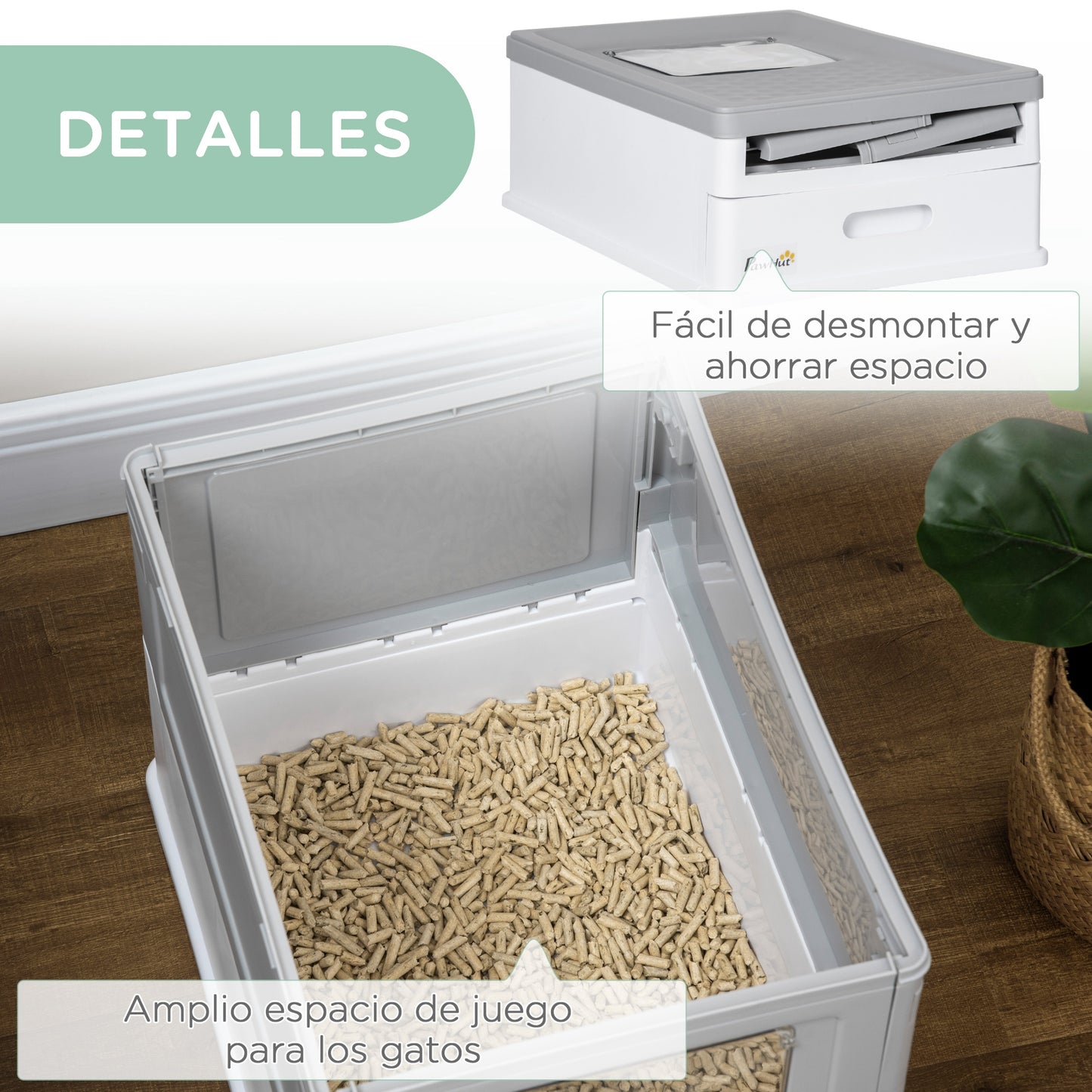 PawHut Caja de Arena Plegable para Gatos Arenero Cerrado para Gatos con Cubierta Desmontable Bandeja Extraíble Techo Abatible Puerta de Entrada y Pala 47,5x35,5x36,7 cm Gris