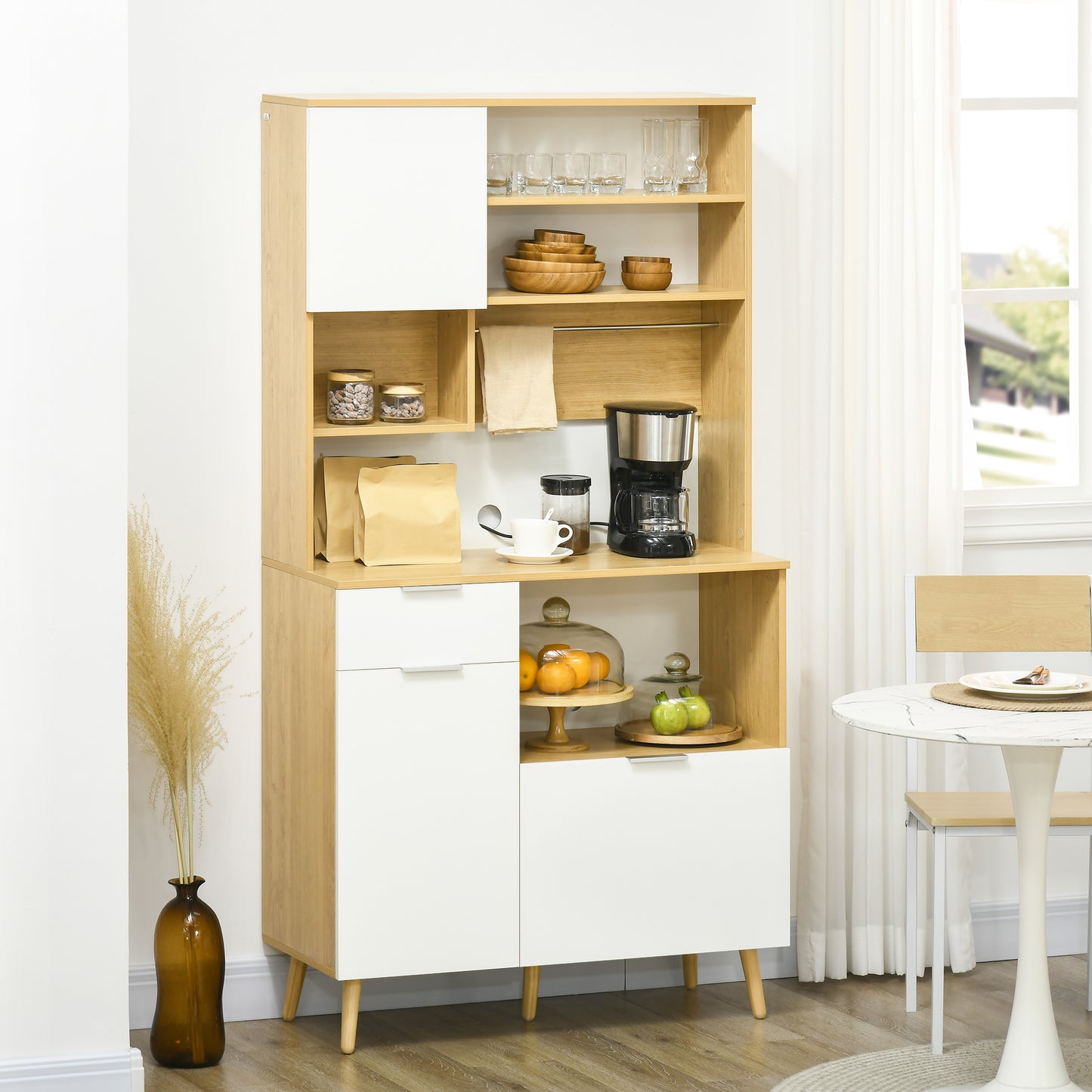 HOMCOM Alacena de Cocina Aparador Alto Mueble Auxiliar de Cocina con 3 Puertas Cajón Estante Ajustable Encimera para Microondas y Toallero 93x40x180 cm Natural y Blanco