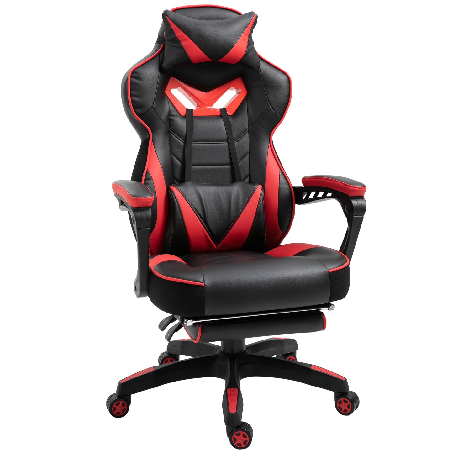 Vinsetto Silla Gaming Ergonómica Silla de Escritorio de Oficina Regulable en Altura Reclinable Respaldo con Reposapiés Reposacabezas Cojín Lumbar Ruedas 65x70x118,5-128,5 cm Rojo