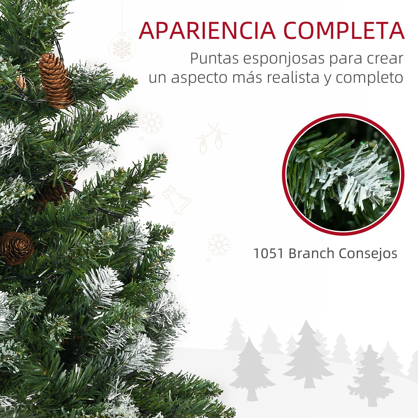 HOMCOM Árbol de Navidad Artificial con Luces LED Altura 230 cm Árbol de Navidad Estrecho con 1051 Ramas 45 Piñas y Polvo Brillante Base Plegable Ø100x230 cm Verde