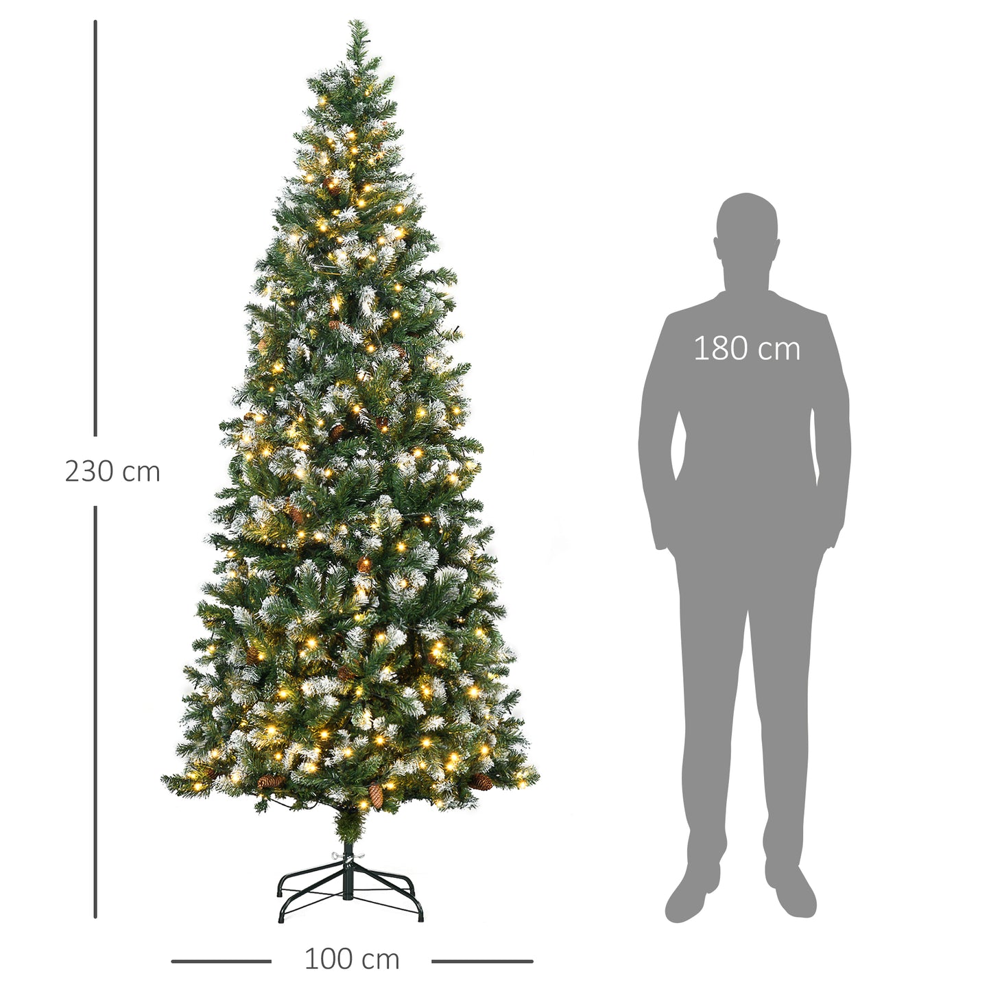 HOMCOM Árbol de Navidad Artificial con Luces LED Altura 230 cm Árbol de Navidad Estrecho con 1051 Ramas 45 Piñas y Polvo Brillante Base Plegable Ø100x230 cm Verde