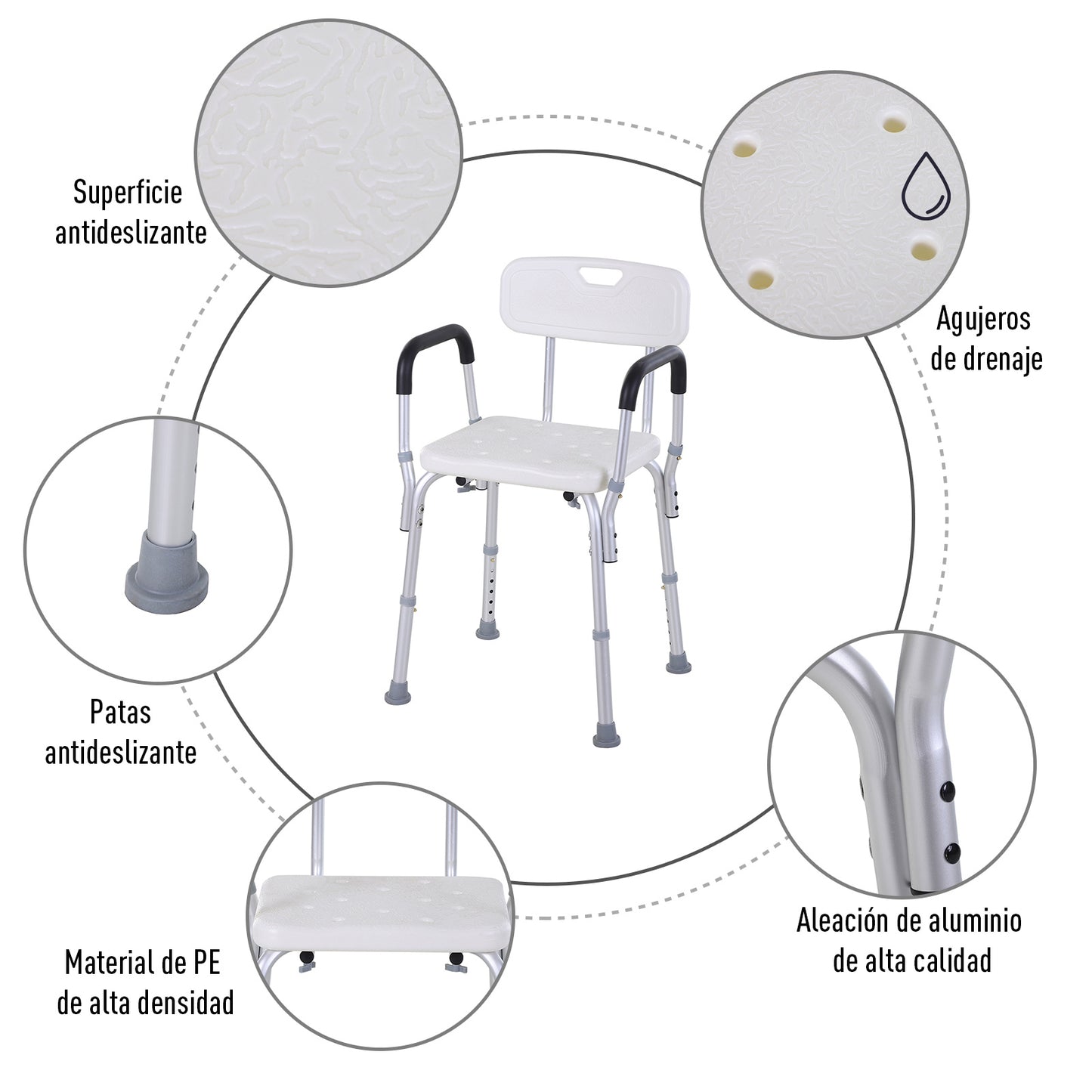 HOMCOM Silla Ducha Personas Mayores Silla para Ducha Taburete de Ducha Antideslizante con Altura Ajustable y Reposabrazos Regulable Carga 136 kg para Ancianos y Discapacitados