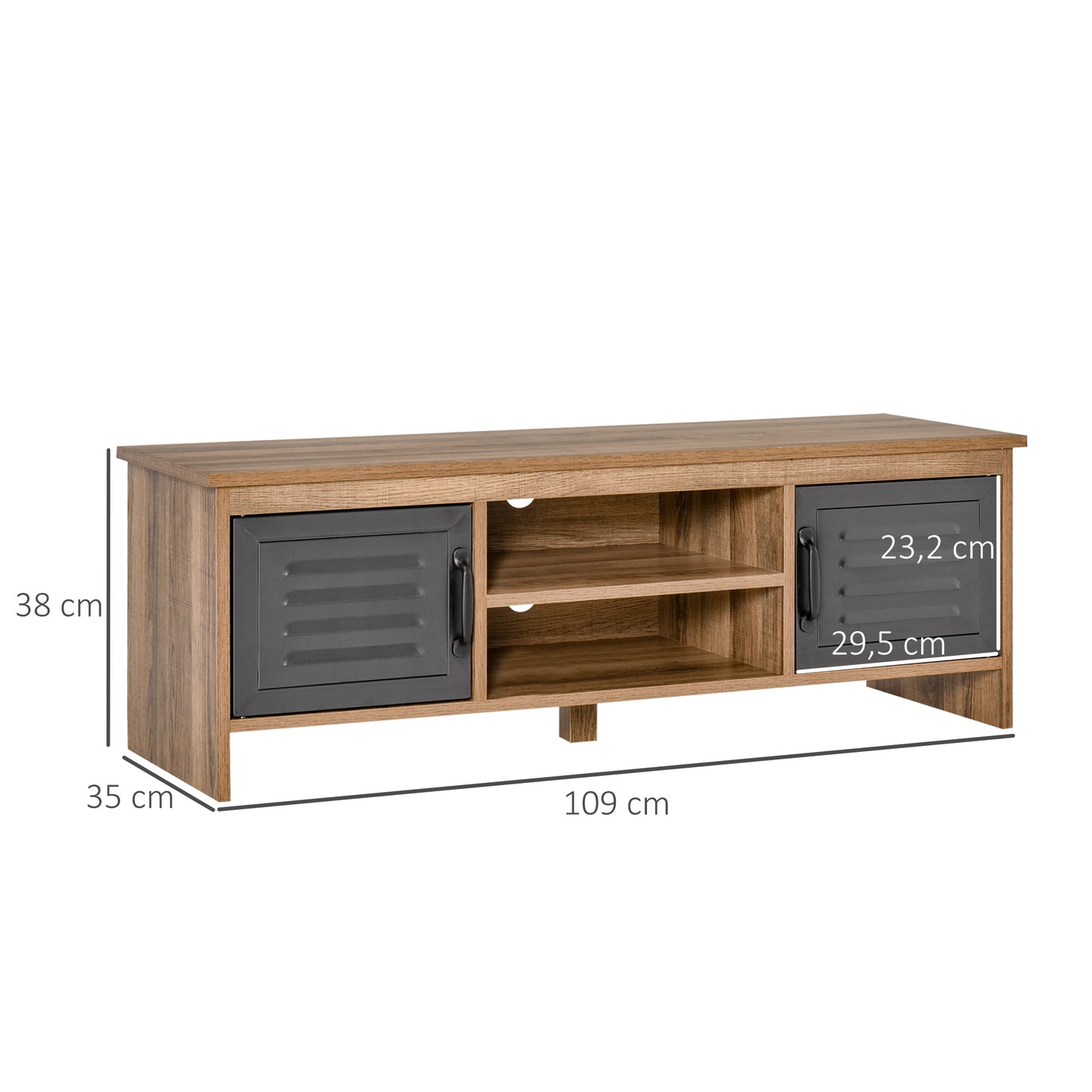 HOMCOM Mueble de TV para Televisores de 42" con 2 Compartimentos Cerrados con Puertas de Metal y 2 Estantes Abiertos Mueble de salón moderno Mesa para televisor 109x35x38 cm Madera Natural y Gris