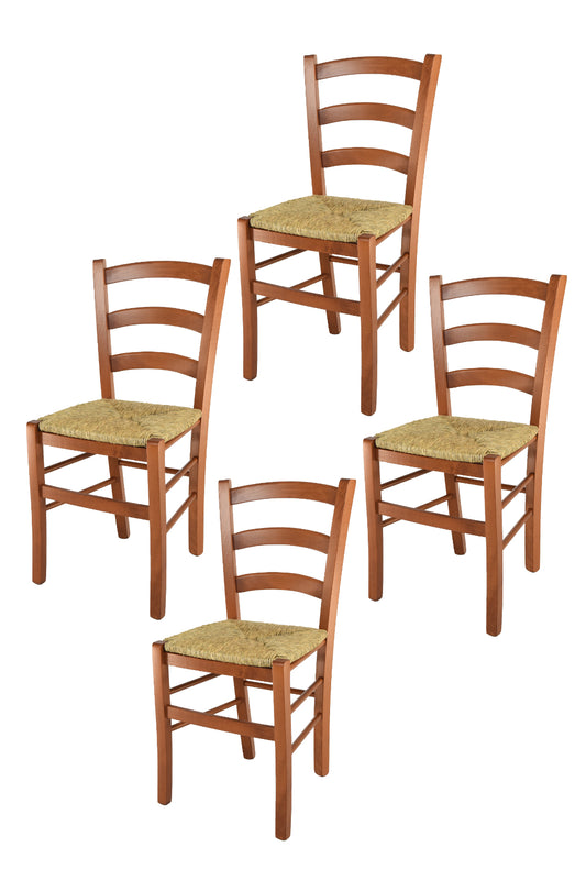 Tommychairs - Set 4 sillas de Cocina y Comedor Venice, Estructura en Madera de Haya Color Cerezo y Asiento en Paja