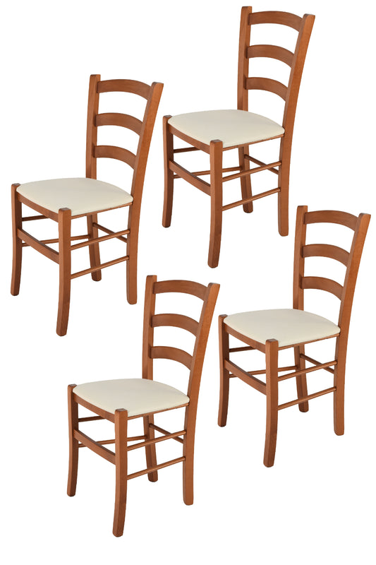 Tommychairs - Set 4 sillas de Cocina y Comedor Venice, Estructura en Madera de Haya Color Cerezo y Asiento tapizado en Tejido Color Marfil