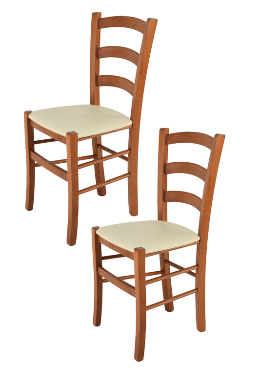 Tommychairs - Set 2 sillas de Cocina y Comedor Venice, Estructura en Madera de Haya Color Cerezo y Asiento tapizado en Polipiel Color Marfil