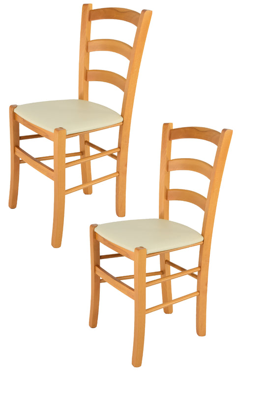 Tommychairs - Set 2 sillas de Cocina y Comedor Venice, Estructura en Madera de Haya Color Miel y Asiento tapizado en Polipiel Color Marfil
