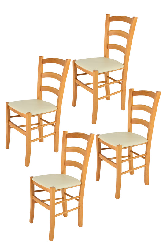 Tommychairs - Set 4 sillas de Cocina y Comedor Venice, Estructura en Madera de Haya Color Miel y Asiento tapizado en Polipiel Color Marfil