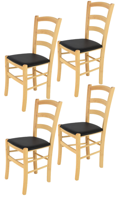Tommychairs - Set 4 sillas de Cocina y Comedor Venice, Estructura en Madera de Haya Color Natural y Asiento tapizado en Polipiel Color Negro