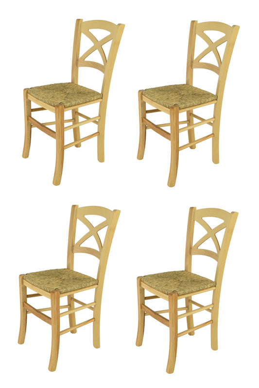 Tommychairs - Set 4 sillas de Cocina y Comedor Cross, Estructura en Madera de Haya Color Natural y Asiento en Paja