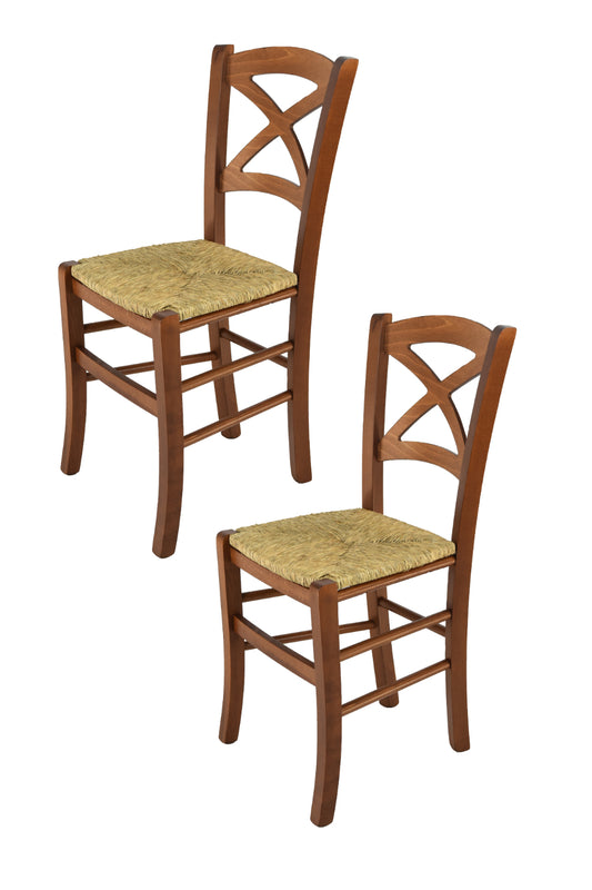 Tommychairs - Set 2 sillas de Cocina y Comedor Cross, Estructura en Madera de Haya Color Nuez Claro y Asiento en Paja