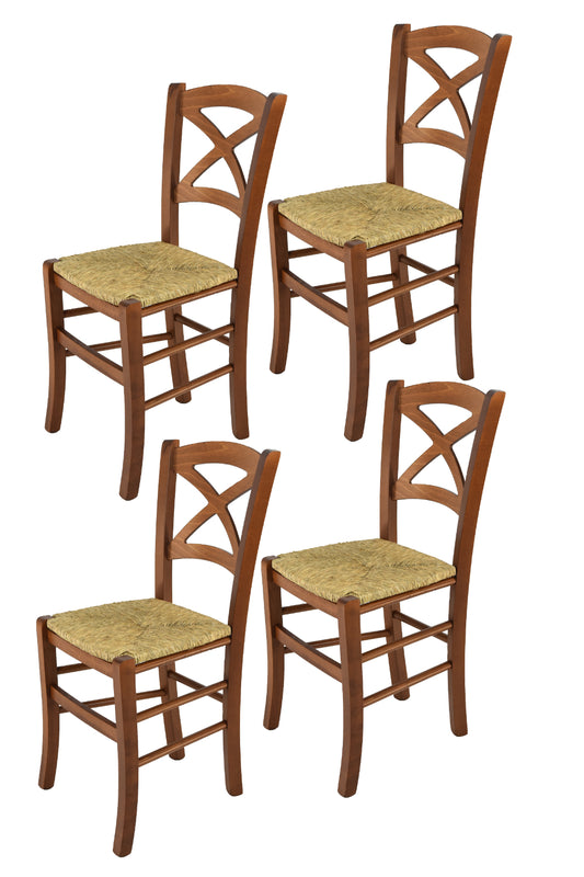 Tommychairs - Set 4 sillas de Cocina y Comedor Cross, Estructura en Madera de Haya Color Nuez Claro y Asiento en Paja