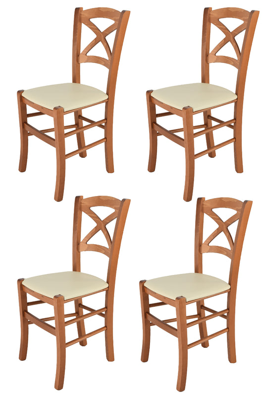 Tommychairs - Set 4 sillas de Cocina y Comedor Cross, Estructura en Madera de Haya Color Cerezo y Asiento tapizado en Polipiel Color Marfil