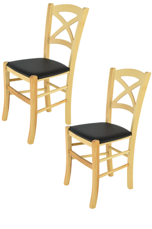 Tommychairs - Set 2 sillas de Cocina y Comedor Cross, Estructura en Madera de Haya Color Natural y Asiento tapizado en Polipiel Color Negro