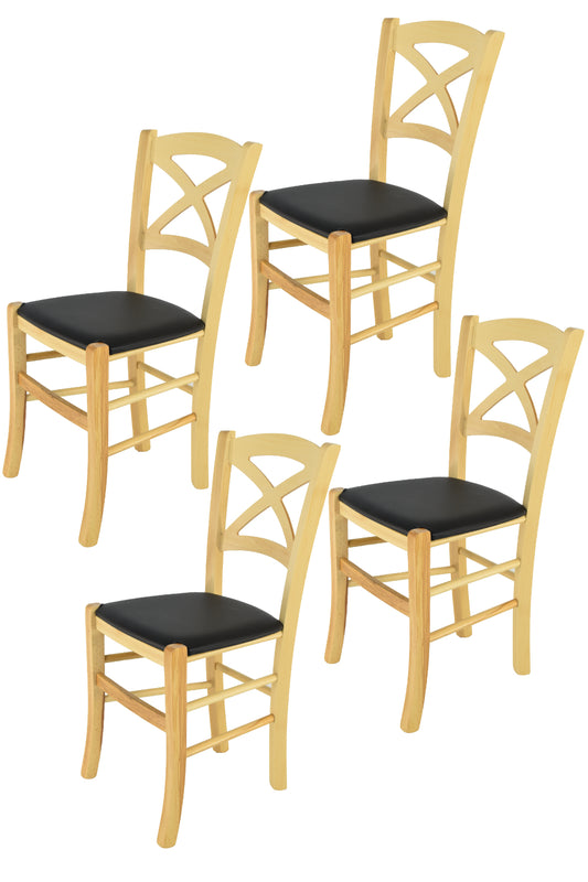 Tommychairs - Set 4 sillas de Cocina y Comedor Cross, Estructura en Madera de Haya Color Natural y Asiento tapizado en Polipiel Color Negro